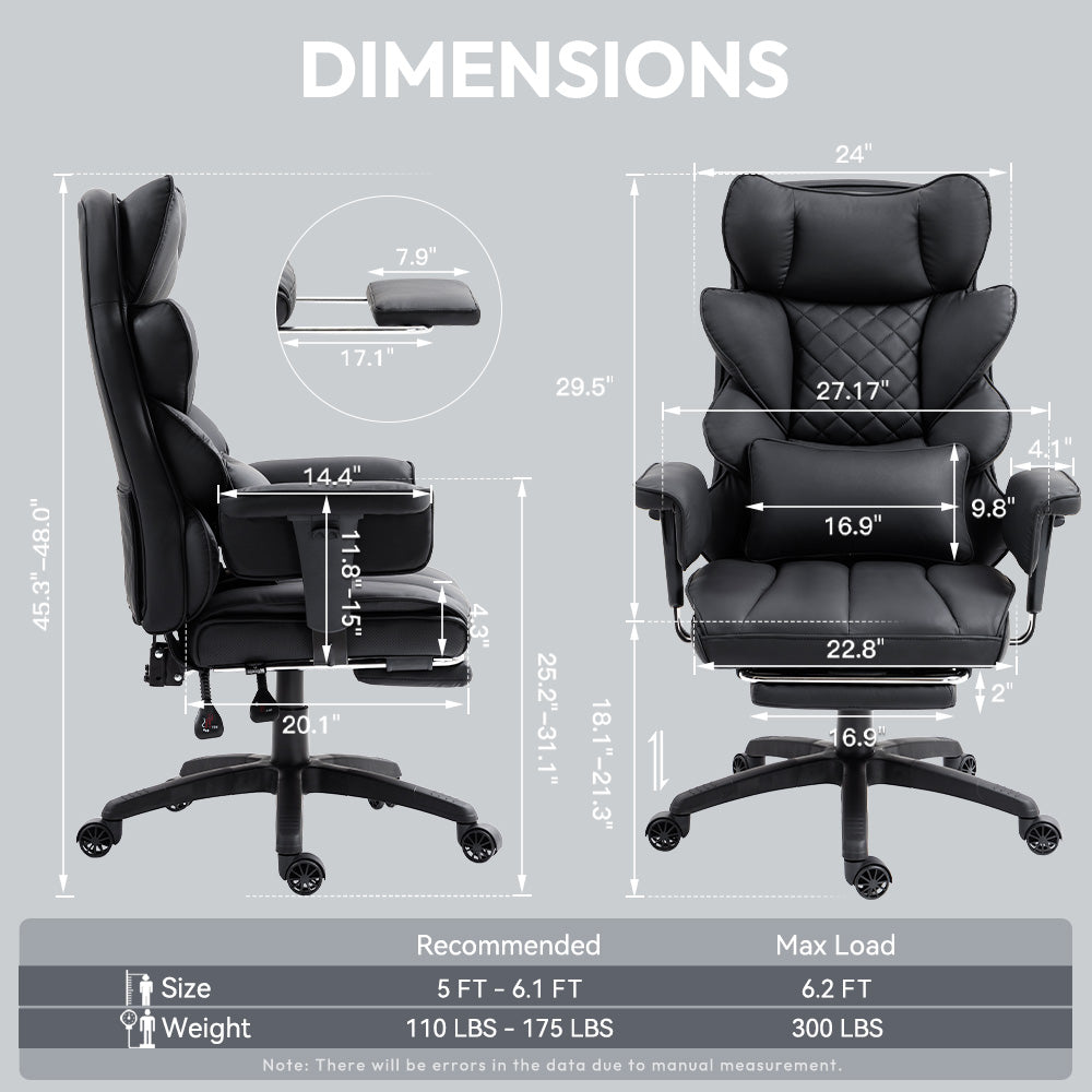 GOOSEA Office Chair Adult PU Leather High Back Indoor Commercial Adjustable Seat Height Executive Chairs Footrest, Black